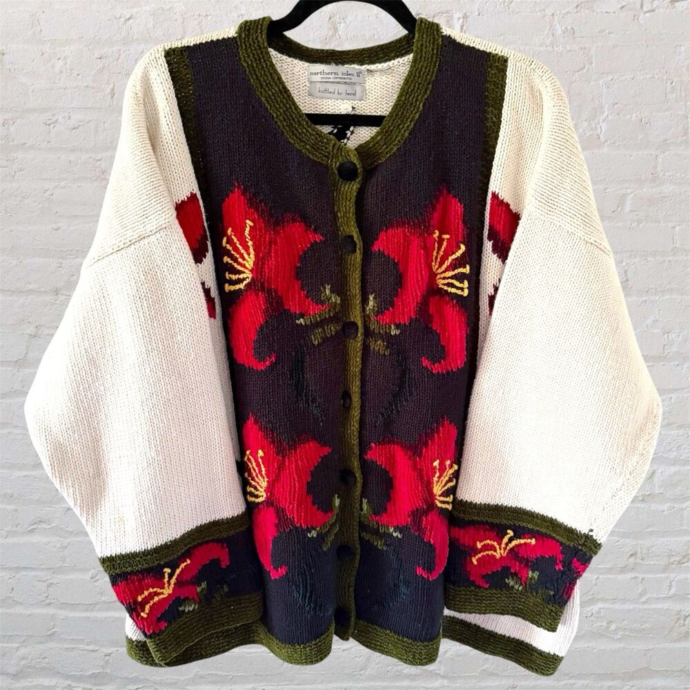 Vintage 90s Northern Isles Poinsettia Christmas Cardigan Sweater 2X Hand Knit